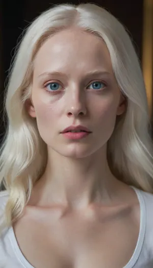photo of a pale-skinned albino woman with long white hair, blue eyes, white eyebrows, white eyelashes, slender, flat chested, sharp face, high cheekbones, delicate jawline, very serious expression, wearing a white v-neck t-shirt, no visible jewelry or accessories