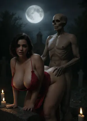 Mrs Shagwell at the graveyard.
Image of a 50 yo chubby milf with massive breasts, (massive cleavage), no panties, hairy pussy, happy, surprised smirk, big hips, big tits, (fully open, highly detailed, wide, blue eyes), (in an old graveyard at night, Leaning forward over a gravestone, full moon, fog, candles and torches light the gravestones.), (dressed all in red lace wearing a very low plunging cowl neck mini dress, split skirt:1.3), (BREAK:1), (Tall single standing naked boney skeleton, standing behind the woman, fucking her from behind, being fucked, doggystyle:1.5), side view, (by Hope Gangloff:1), titcup, Skeleton, <lora:SDXL_MassiveCowsLoRA_v1:.5>, <lora:titcupv2_SDXL:.8>, <lora:642507_training_data:.8>, <lora:dark:.8>