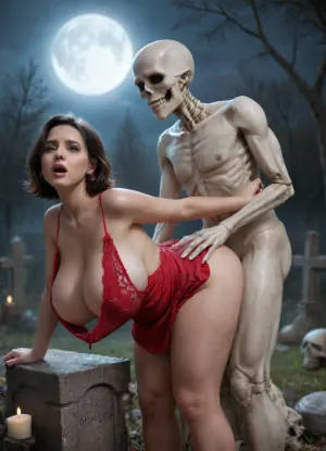 Mrs Shagwell at the graveyard.
Image of a 50 yo chubby milf with massive breasts, (massive cleavage), no panties, hairy pussy, happy, surprised smirk, big hips, big tits, (fully open, highly detailed, wide, blue eyes), (in an old graveyard at night, Leaning forward over a gravestone, full moon, fog, candles and torches light the gravestones.), (dressed all in red lace wearing a very low plunging cowl neck mini dress, split skirt:1.3), (BREAK:1), (Tall single standing naked boney skeleton, standing behind the woman, fucking her from behind, being fucked, doggystyle:1.5), side view, (by Hope Gangloff:1), titcup, Skeleton, <lora:SDXL_MassiveCowsLoRA_v1:.5>, <lora:titcupv2_SDXL:.8>, <lora:642507_training_data:.8>, drkfntasy, <lora:darkfantasystyle:.8>