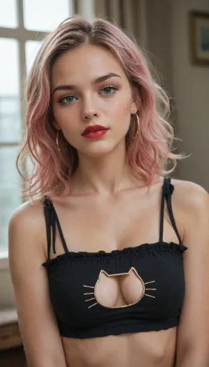 ((Masterpiece, best quality)), edgQuality, cat cutout, cleavage cutout, edgcatlingerie, a woman with long pink hair, wearing edgcatlingerie, red lipstick, large gold hoop earrings, medium breasts, <lora:edgcatlingerie1:1>