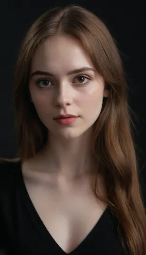 photograph of Emily with long, straight, light brown hair, pale skin, brown eyes, thin face, wearing a black V-neck shirt, neutral expression, dark background, soft lighting.