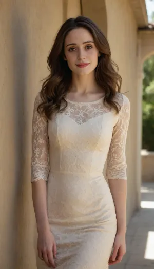 photograph of Emmy standing relaxed in a sunlit outdoor setting, medium shot, she has very pale skin, long messy brown hair, no makeup, and is smiling softly at the camera, wearing a cream-colored lace dress with three-quarter sleeves and a fitted waist, no visible accessories, the dress has a textured, delicate pattern, natural light, shadows cast on her dress and the wall behind her.