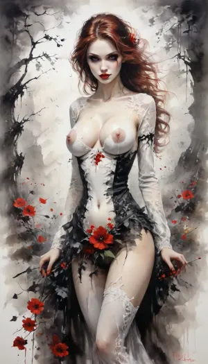 bloody lips, ((Sumi-e style painting of victorian era vampire bride)), pale skin, ((vampire)), ((bloody splash)), realistic blood, (Disturbing horror:.5), The bride is a vampire, in a sexy corset dress, fangs, bright vampire eyes, beautiful long bright red curly hair, an open mouth with very long vampire fangs, long pointed teeth. Seductively, predator's eyes, very detailed iris, long eyelashes, big lips, full lips, detailed face, very long hair, penetrating gaze, seductive, sexy, glamorous, plump lips, red lipstick, vampire, Magical girl, (dressed in lace armor:1.18), a beautiful surreal dark forest, colorful, glowing grass, glowing flowers, long legs, very sexy, ((sexy lace:1.3)), atmosphere, ((sumi-e white painting and ornament beautiful flower garden)), sunset rays, fog, distant mountains reflecting the surrounding light, beautiful view of the elven city illuminated by light, sparkling waterfalls, buildings, distant mountains, fantastic surroundings, overgrown nature, mysterious mood, (sexy lace summer dress), slim waist, toned body, scarlet flowers in her hair, Gorgeous goddess, sexy athlete with wide hips, (((VERY THIN))), (((VERY ATHLETIC))), very fit, sculptural body, athletic body, chiseled body, TONED BODY, (((SUPERMODEL))), athlete with curves, muscular body, abs, (musculature:1.3), (six-pack abs:1.1), (muscles, toned body, abs, perfect body), (perfect ass, toned ass), slender body, toned abs, ((big breasts)), tall, (long legs:1.2), (straight legs:1.3), physique of a gymnast, slender athletic legs, rounded hips, very high legs, athletic buttocks, (huge round breasts:1.5), amazing ass, elegant, sensual, erotically beautiful attractive fitness model, perfect body, very narrow waist, pretty girl with bright makeup, (straight legs:1.2), standing on her feet, toned physique of a female fitness model, perfect breasts, protruding breasts, very detailed skin, protruding lips, transparent, fishnet tights, aesthetics, (zentangle, mandala, tangle, entanglement), (Fractal art:1.3), a beautiful form of chaos, romanticism, sumi-e, <lora:[XL]Sumi-e:1.2>, <lora:Sumie_Ink-GMR-000008:1.1>, <lora:InkWashpainting:1>