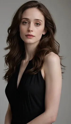 photo of Emmy with long messy brown hair, very pale skin, slim and slender physique, no makeup, wearing a sleeveless black dress, white background.