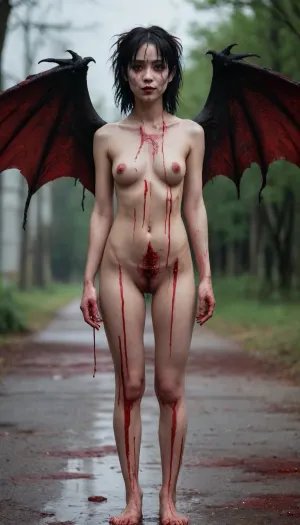 1girl, solo, full body, Asian, cute, tall, perfect eyes, standing up tall, blood on the ground, blood on body, horror theme, smile, blood on hair, nude, dripping, a lot of blood on the body, dragon wings, goth, mime makeup.