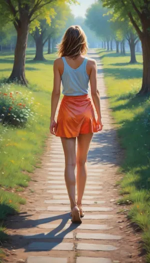 epic painting, girl in a short skirt standing at parting ways, (crossing paths:1.3), (two different ways, two diagonal paths, splitting paths), path leading left, path leading right, photo from behind