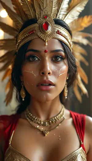 30 year old female indian superhero, her super power is vetting covered in cum, gold headdress and facial jewellery, spandex, sexy expression, woman, cum, on, face, <lora:MJ52:2>, <lora:BUT_SDXL_SHS:1.6>, <lora:add-detail-xl:1.5>, <lora:CinematicStyle_v1:2>, <lora:JustCum:1.5>