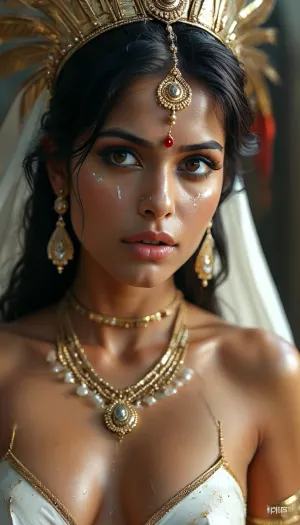 30 year old female indian superhero, her super power is getting covered in thick white realistic cum, gold headdress and facial jewellery, spandex, sexy expression, woman, cum, on, face, <lora:MJ52:2>, <lora:BUT_SDXL_SHS:1.6>, <lora:add-detail-xl:1.5>, <lora:CinematicStyle_v1:2>, <lora:JustCum:1.5>