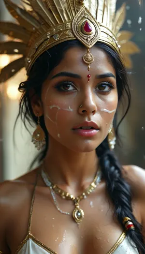 30 year old female indian superhero, her super power is getting covered in thick white realistic cum, gold headdress and facial jewellery, spandex, sexy expression, woman, cum, on, face, <lora:MJ52:.8>, <lora:BUT_SDXL_SHS:2>, <lora:add-detail-xl:.7>, <lora:CinematicStyle_v1:2>, <lora:JustCum:1.5>