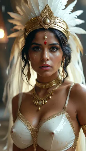 30 year old female indian superhero, her super power is getting covered in thick white realistic cum, gold headdress and facial jewellery, spandex, sexy expression, woman, cum, on, face, <lora:MJ52:.8>, <lora:BUT_SDXL_SHS:2>, <lora:add-detail-xl:.7>, <lora:CinematicStyle_v1:2>, <lora:JustCum:1.5>
