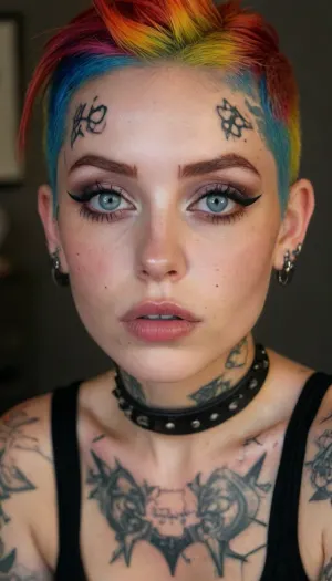 ziprealism, (punk, punk rock, punk rock woman, spiked choker, guaged ear piercing:1.6), (confident pose, (smug), , , large expressive eyes, angular facial features:1.6), (tattoos, punk esthetic makeup, small perky breasts:1.8), (warm romantic lighting, shallow depth of field, strong saturation, vintage analog lens, Dutch Angle, focus on lips:1.4), (goosebumps, vellus hairs, freckles, perfect eyes:.4), (rude hairstyle, multicolored hair, undercut hair:1.2), (natural skin texture, maximum quality skin texture, RAW photography, uncompressed), (cozy bedroom, large comfortable bed), igbaddie, <lora:style_lora_realis:.8>, <lora:igbaddie-XL:.4>
