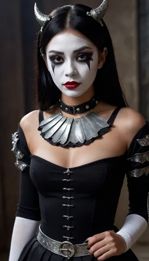Asian, goth mime, dark skin, very tanned, 19-year-old girl, long black hair, shaved pussy, medium breasts, metal slave collar with ring, mime makeup, dragon wings.