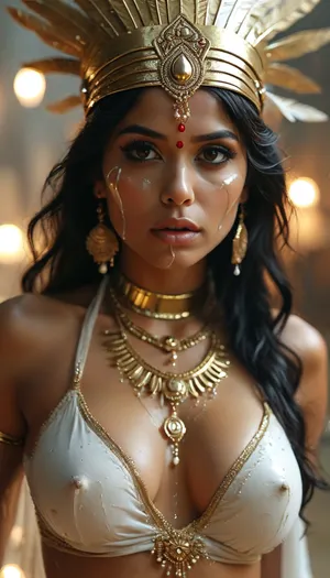 30 year old female indian superhero, her super power is getting covered in thick white realistic cum, gold headdress and facial jewellery, spandex, sexy expression, woman, cum, on, face, <lora:MJ52:.8>, <lora:BUT_SDXL_SHS:2>, <lora:add-detail-xl:.7>, <lora:CinematicStyle_v1:2>, <lora:JustCum:1.5>