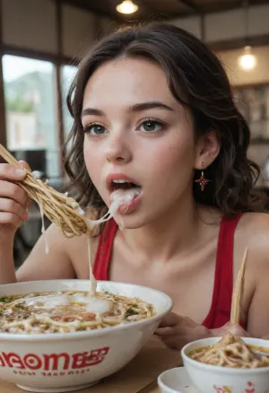 1girl, upper body, eating, (a lot of cum:1.7), many penis, (cum on food:1.5), (cum on ramen:1.7), cum on face, (cum in mouth:1.5), ramen, chopsticks, excited, sparkle, best quality