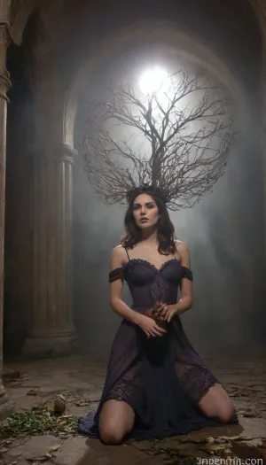 dark fantasy, a 35-year-old brunette with wild short waves, wearing an elaborate black crown of thorns and a dress woven from shadows and dead ivy, kneeling in a cathedral-like cavern filled with giant, glowing mushrooms, offering a small, luminous seed to a unseen entity, cinematic, moody, volumetric fog, intricate details, art by annie leibovitz and tim walker