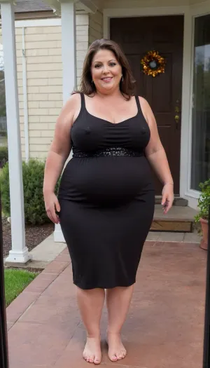 From behind, a full body photo of a full figure bbw brunette gilf, 60 years old, mature, thick, (very obese:1.5), (no bra, covered nipples), big smile, (captivating striking amber eyes:1.3), flirting with viewer, beautiful face, huge ass, ((wearing a sleeveless black dress)), walking, birthday party in her home patio in the USA suburbs, best quality, <lora:nobrav1_SDXL:.8>