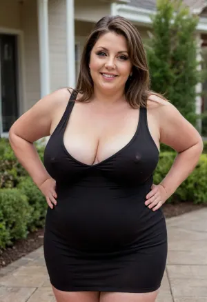 From behind, a full body photo of a full figure bbw brunette gilf, 60 years old, mature, (obese:1.5), (no bra, covered nipples), big smile, (captivating striking amber eyes:1.3), flirting with viewer, beautiful face, huge ass, ((wearing a sleeveless black dress)), home patio, in the USA suburbs, best quality, <lora:nobrav1_SDXL:.1>