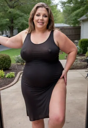 From behind, a full body photo of a full figure bbw gilf, 60 years old, mature, (very obese:1.5), (no bra, covered nipples), big smile, (captivating striking amber eyes:1.3), flirting with viewer, beautiful face, huge ass, ((wearing a sleeveless black dress)), home patio, in the USA suburbs, best quality, <lora:nobrav1_SDXL:.1>