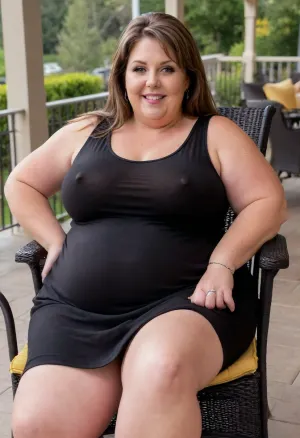 From behind, a full body photo of a full figure bbw gilf, 60 years old, mature, (very obese:1.5), (no bra, covered nipples), big smile, (captivating striking amber eyes:1.3), flirting with viewer, beautiful face, huge ass, ((wearing a sleeveless black dress)), sitting in a patio chair, home patio, in the USA suburbs, best quality, <lora:nobrav1_SDXL:.1>