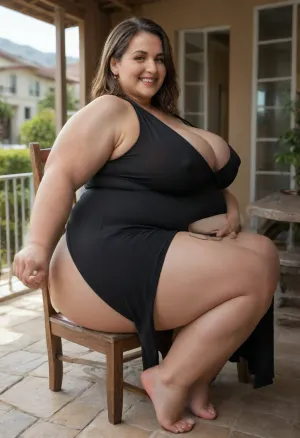 From behind, a full body photo of a full figure bbw gilf, 60 years old, mature, married housewife, (very obese:1.5), (no bra, covered nipples), big smile, (captivating striking amber eyes:1.3), flirting with viewer, beautiful face, huge ass, ((wearing a sleeveless black dress)), sitting in a patio chair, home patio, in the USA suburbs, best quality, <lora:nobrav1_SDXL:.6>