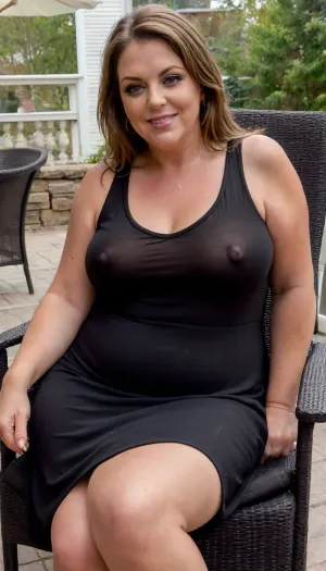 a full body photo of a full figure bbw gilf, 60 years old, mature, married housewife, (very obese:1.2), (no bra, covered nipples), big smile, (captivating striking amber eyes:1.3), flirting with viewer, beautiful face, huge ass, ((wearing a sleeveless black dress)), sitting in a patio chair, home patio, in the USA suburbs, best quality, <lora:nobrav1_SDXL:.6>