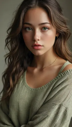 (Elsie Hewitt:1.5), 1girl, navel_piercing, underwear, panties, solo, long_hair, realistic, sweater, piercing, navel, black_hair, (very busty:1.2), indoors, black_panties, looking_at_viewer, grey_sweater, lips, Ultra-realistic portrait of a young woman, striking green eyes, long wavy hair, light olive skin, symmetrical and well-defined facial features, natural and serene expression. Soft warm lighting, neutral or slightly blurred background. High-definition photo, (full body:1.4), realistic skin texture, sharp details in eyes, eyebrows, and lips. Editorial fashion magazine style, ultra-high-quality 8K realism, cinematic depth of field, professional lighting., <lora:MJ52:.8>
