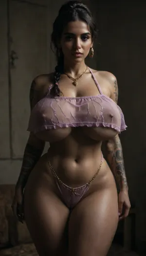 (Latino Brunette model in underboob slut crop lace purple sheer top:1.3), ((voluptuous MILF body:1.3)), ((long straight hair bun braid)), (massive tits:1.2), pierce brown nipples, (pink thongs cameltoe:1), (((wide hips))), massive thighs, ((wearing gold body chains)), (((thicc tattooed waist:1.3))), <lora:add-detail-xl:1.2>, <lora:dark:.3>