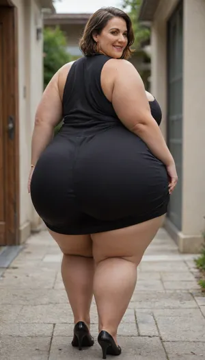From behind, a full body photo of a full figure bbw brunette gilf, 60 years old, mature, thick, (very obese:1.5), (no bra, covered nipples), big smile, (captivating striking amber eyes:1.3), flirting with viewer, beautiful face, huge ass, ((wearing a sleeveless black dress)), walking, birthday party in her home patio in the USA suburbs, best quality, <lora:nobrav1_SDXL:.8>