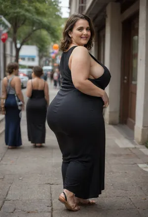 From behind, a full body photo of a full figure bbw brunette gilf, 60 years old, mature, (obese:1.2), (no bra, covered nipples), big smile, (captivating striking amber eyes:1.3), flirting with viewer, beautiful face, huge ass, ((wearing a sleeveless black dress)), walking, birthday party in her home patio in the USA suburbs, best quality, <lora:nobrav1_SDXL:.1>