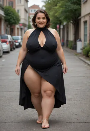 From behind, a full body photo of a full figure bbw brunette gilf, 60 years old, mature, (obese:1.2), (no bra, covered nipples), big smile, (captivating striking amber eyes:1.3), flirting with viewer, beautiful face, huge ass, ((wearing a sleeveless black dress)), walking, birthday party in her home patio in the USA suburbs, best quality, <lora:nobrav1_SDXL:.1>