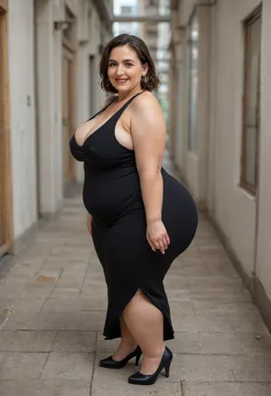 From behind, a full body photo of a full figure bbw brunette gilf, 60 years old, mature, (obese:1.2), (no bra, covered nipples), big smile, (captivating striking amber eyes:1.3), flirting with viewer, beautiful face, huge ass, ((wearing a sleeveless black dress)), walking, birthday party in her home patio in the USA suburbs, best quality, <lora:nobrav1_SDXL:.1>