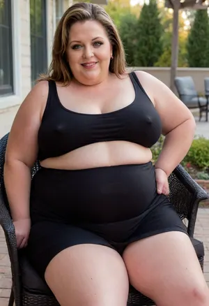 From behind, a full body photo of a full figure bbw gilf, 60 years old, mature, married housewife, (very obese:1.5), (no bra, covered nipples), big smile, (captivating striking amber eyes:1.3), flirting with viewer, beautiful face, huge ass, ((wearing a sleeveless black dress)), sitting in a patio chair, home patio, in the USA suburbs, best quality, <lora:nobrav1_SDXL:.6>