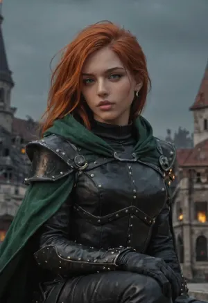 (ultra-detailed, fantasy illustration), fantasy rogue heroine inspired by Kim Possible, red hair, green eyes, athletic and agile, studded leather armor, dark green cloak of protection, bracers, short bow in hand, perched on castle rooftop at night, moonlit sky, city lights below, heroic pose, dramatic rim light, volumetric fog, dynamic composition, painterly brushwork, rich textures