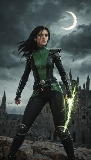 (ultra-detailed, fantasy illustration), plasma monk inspired by Shego, long black hair, green eyes, athletic and agile, large round breasts, dark leather armor with emerald accents, bracers, dragonhide belt, hand wraps glowing faintly, neon-green elemental energy swirling around clenched fists, sparks and embers, perched on a castle rampart under a crescent moon, stormy clouds, distant torches, dramatic rim light, volumetric fog, dynamic composition, painterly brushwork, rich textures, action pose