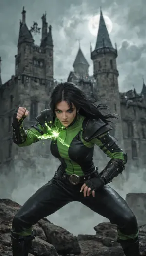 (ultra-detailed, fantasy illustration), plasma monk inspired by Shego, long black hair, green eyes, athletic and agile, large round breasts, dark leather armor with emerald accents, bracers, dragonhide belt, hand wraps glowing faintly, neon-green elemental energy swirling around clenched fists, sparks and embers, perched on a castle rampart under a crescent moon, stormy clouds, distant torches, dramatic rim light, volumetric fog, dynamic composition, painterly brushwork, rich textures, action pose