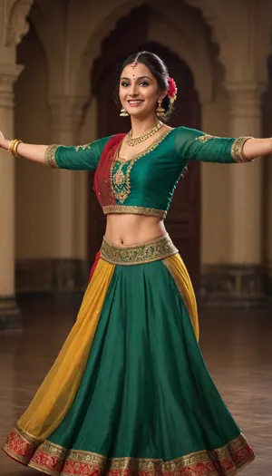 30 year old female kathak dancer performing at maharja's palace, smiling, dressed in vibrant lehenga choli, emerald green silk three quarter sleeve blouse, mustard yellow pleated long skirt with intricate red and gold wide borders, emerald green net dupatta, heavy gold traditional jewelry, classical dance pose with outstretched arms, soft warm studio lighting, neutral brown defocused background, high quality photography, intricate details, 8k, sharp focus, cinematic lighting