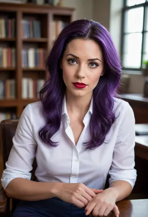 Mrs. Jones, bitchy principal, white button-up shirt, gray pants, sitting in a dark wooden chair behind a wooden desk, (long straight deep-purple/indigo hair), serious expression, tanned skin, red lipstick, (angular features), professional/academic setting, well-lit office, bookshelves filled with various books, natural light, plant in the background, exaggerated features