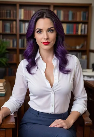 Mrs. Jones, bitchy principal, white button-up shirt, gray pants, sitting in a dark wooden chair behind a wooden desk, (long straight deep-purple/indigo hair), serious expression, tanned skin, red lipstick, (angular features), professional/academic setting, well-lit office, bookshelves filled with various books, natural light, plant in the background, exaggerated features