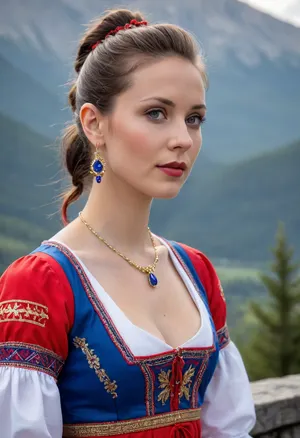 (masterpiece, best quality:1.2), 1 slovak 40 yo woman, famous singer, (she wears a white red and blue Slovak traditional dress:1.4), outdoors in the High Tatras, (short brunette hair, all hair combed back and tied in a very small ponytail, neck hair:1.2), grey eyes, (earrings, golden necklaces:1.2), she stands at a viewpoint and looks into the distance, the viewer sees her diagonally from behind, photorealism, <lora:681678_training_data:.5>