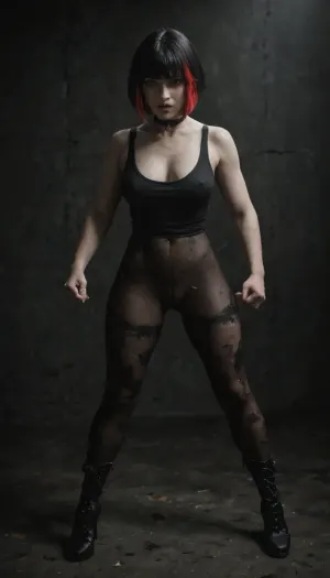 Slender 21yo woman, (bob cut and bangs black hair:1.3), (red highlights), Oval high cheekbone face. Wide jaw., (Pale skin:1.5), with soft features, heavy dark eyeliner and purple lip gloss.

Wide brown eyes, filled with devotion and submission, (Wearing black tank top, dark tight side laced leggings and high heel boots. Also wearing a thick black choker), Submissive body language, (Standing in a dirty dark room), detailed face, detailed hair, detailed body, detailed skin, detailed breasts, detailed pussy, random view angle, action pose, <lora:dark:.8>