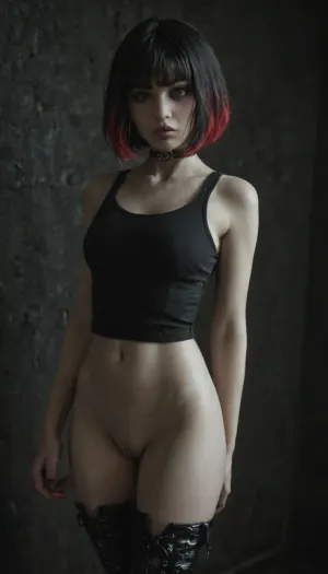 Slender 21yo woman, (bob cut and bangs black hair:1.3), (red highlights), Oval high cheekbone face. Wide jaw., (Pale skin:1.5), with soft features, heavy dark eyeliner and purple lip gloss.

Wide brown eyes, filled with devotion and submission, (Wearing black tank top, dark tight side laced leggings and high heel boots. Also wearing a thick black choker), Submissive body language, (Standing in a dirty dark room), detailed face, detailed hair, detailed body, detailed skin, detailed breasts, detailed pussy, random view angle, action pose, <lora:dark:.8>