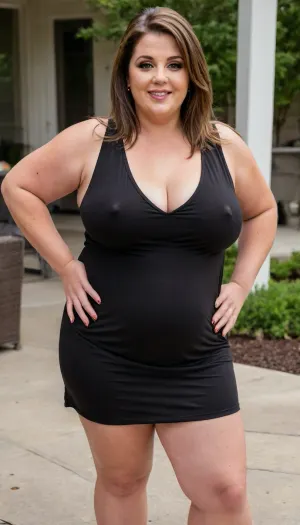 Group of full figure ssbbw gilf's, 60 years old, mature, thick, ((wide hips)), (obese:1.5), (mature:1.5), (no bra, covered nipples, very saggy), big smile, (captivating striking amber eyes:1.3), flirting with viewer, beautiful face, huge, waist, ((wearing a sleeveless black loose minidress, with plunging neckline)), birthday party in her home patio in the USA suburbs, best quality, <lora:nobrav1_SDXL:.5>