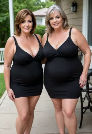 Two gilf's, a full body photo of two full figure ssbbw brunette gilf, s, 60 years old, mature, thick, big hips, (mature:1.5), (no bra, covered nipples), big smile, (captivating striking amber eyes:1.3), flirting with viewer, beautiful face, huge, waist, ((wearing a sleeveless black loose minidress)), plunging neckline, sagging cleavage, birthday party in her home patio in the USA suburbs, best quality