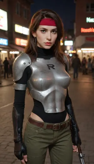 (Masterpice), (HD4K visual), (detailed background), 4K ultra-detailed image, HDR, enhancement, professional photography, precise anatomy, (perfect symmetry, 5 fingers per hand), realistic textures, maximum resolution, sharp focus, NSFW, picture, Jessie Rasberry from Final Fantasy VII with brown hair, a red headband, metal chest armor from the game Final Fantasy VII, green baggy combat pants, metal boots, in a alleyway, at night, neon shop signs lighting, close up, wide shot, incase, style, ratatatat74, ff7, jessie, <lora:287175_training_data:1.4>, <lora:ratatatat74-000050:1.4>, <lora:ff7 jessie:1.4>