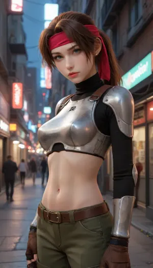 (Masterpice), (HD4K visual), (detailed background), 4K ultra-detailed image, HDR, enhancement, professional photography, precise anatomy, (perfect symmetry, 5 fingers per hand), realistic textures, maximum resolution, sharp focus, NSFW, picture, Jessie Rasberry from Final Fantasy VII with brown hair, a red headband, metal chest armor from the game Final Fantasy VII, green baggy combat pants, metal boots, in a alleyway, at night, neon shop signs lighting, close up, wide shot, incase, style, ratatatat74, ff7, jessie, <lora:287175_training_data:1.4>, <lora:ratatatat74-000050:1.4>, <lora:ff7 jessie:1.4>