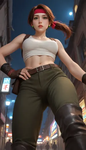 (Masterpice), (HD4K visual), (detailed background), 4K ultra-detailed image, HDR, enhancement, professional photography, precise anatomy, (perfect symmetry, 5 fingers per hand), realistic textures, maximum resolution, sharp focus, NSFW, picture, Jessie Rasberry from Final Fantasy VII with brown hair in a ponytail, a red headband, metal chest armor from the game Final Fantasy VII, green baggy combat pants, metal boots, jumping, overjoyed expression, in a alleyway, at night, neon shop signs lighting, close up, below shot, incase, style, ratatatat74, ff7, jessie, facial, expression, <lora:287175_training_data:1.4>, <lora:ratatatat74-000050:1.4>, <lora:ff7 jessie:1.4>, <lora:Expressions XL:1.4>