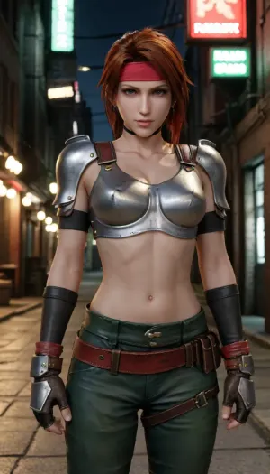(Masterpice), (HD4K visual), (detailed background), 4K ultra-detailed image, HDR, enhancement, professional photography, precise anatomy, (perfect symmetry, 5 fingers per hand), realistic textures, maximum resolution, sharp focus, NSFW, picture, Jessie Rasberry from Final Fantasy VII with brown hair in a ponytail, a red headband, metal chest armor from the game Final Fantasy VII, green baggy combat pants, metal boots, in a alleyway, at night, neon shop signs lighting, close up, wide shot, incase, style, ratatatat74, ff7, jessie, <lora:287175_training_data:1.4>, <lora:ratatatat74-000050:1.4>, <lora:ff7 jessie:1.4>