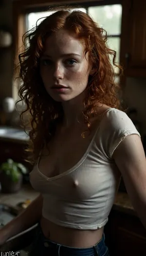 Young woman, 30 years old, redhead, long curly hair, ginger, pale skin, (skinny), (saggy breasts), large natural breasts, very small ass, short jeans, tight white t-shirt, cleavage, in the kitchen, on the counter, braless, Wearing, clothes, that, make, sense, with, Braless>, freckles, luisap, birth, mark, <lora:MJ52:1.1>, <lora:dark:.6>, <lora:bralessSDXL_v1_00022:.7>, <lora:chest_adjust:1.2>, <lora:LPFRECKLES_lora:1.2>
