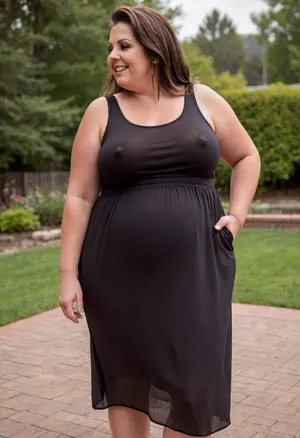 3/4 side view From behind, a full body photo of a full figure bbw brunette gilf, 60 years old, mature, thick, (very obese:1.5), (no bra, covered nipples), big smile, (captivating striking amber eyes:1.3), flirting with viewer, beautiful face, huge ass, ((wearing a sleeveless black loose dress)), walking, birthday party in her home patio in the USA suburbs, best quality, sideboob, <lora:nobrav1_SDXL:.8>