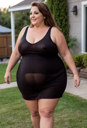 side view From behind, a full body photo of a full figure bbw brunette gilf, 60 years old, mature, thick, (very obese:1.5), (no bra, covered nipples), big smile, (captivating striking amber eyes:1.3), flirting with viewer, beautiful face, huge ass, ((wearing a sleeveless black loose dress)), walking, birthday party in her home patio in the USA suburbs, best quality, sideboob, <lora:nobrav1_SDXL:.8>